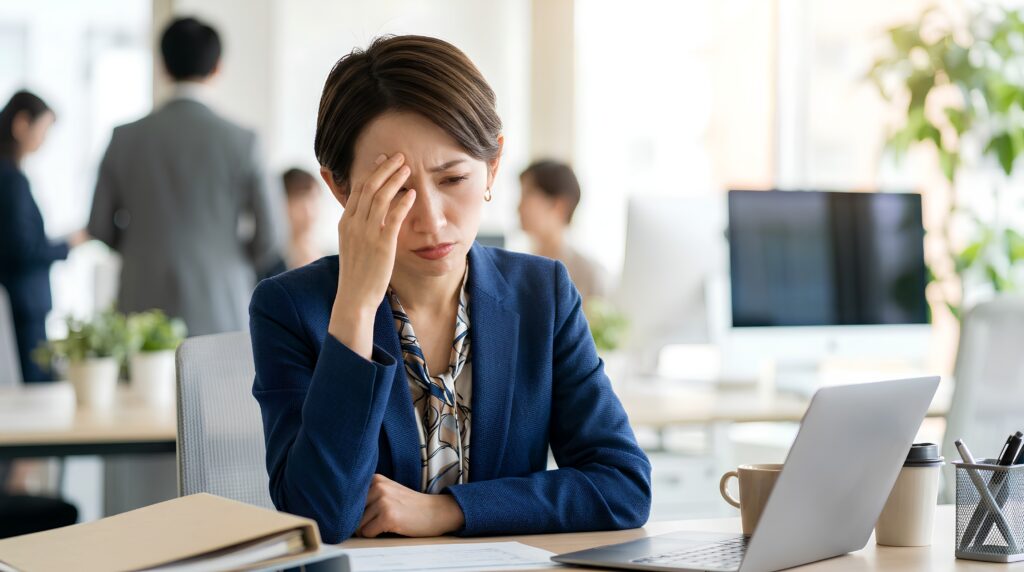 オフィスで苦手な相手と適度な距離を保ちながら仕事をしている日本人会社員。