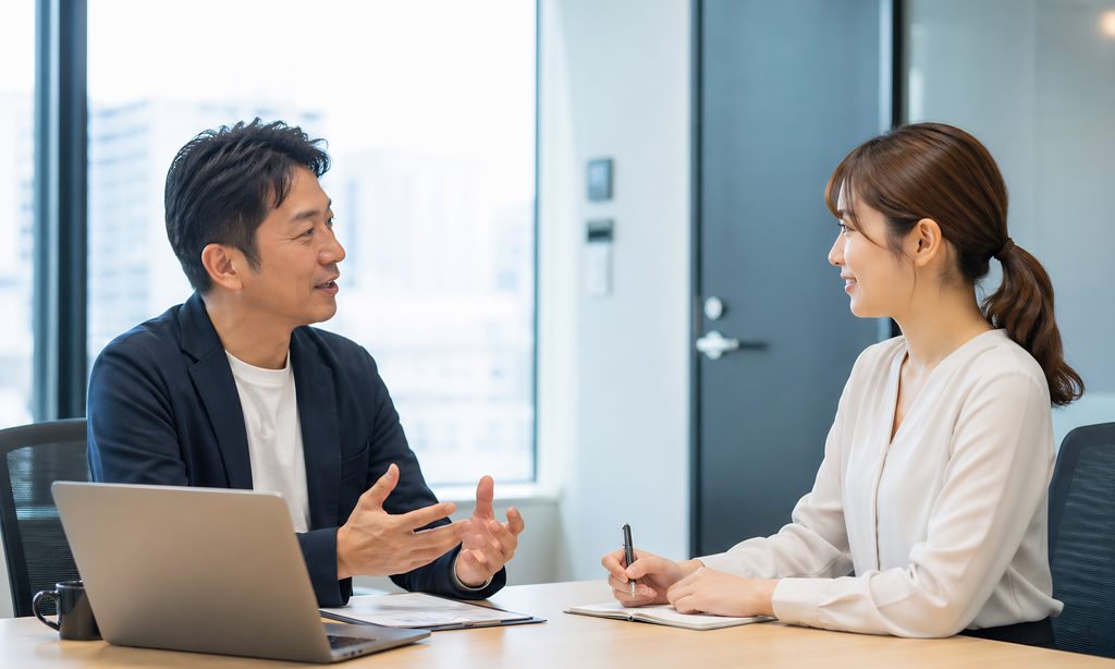 日本のオフィスの会議室で、上司または面接官と1対1で向き合って話している場面。