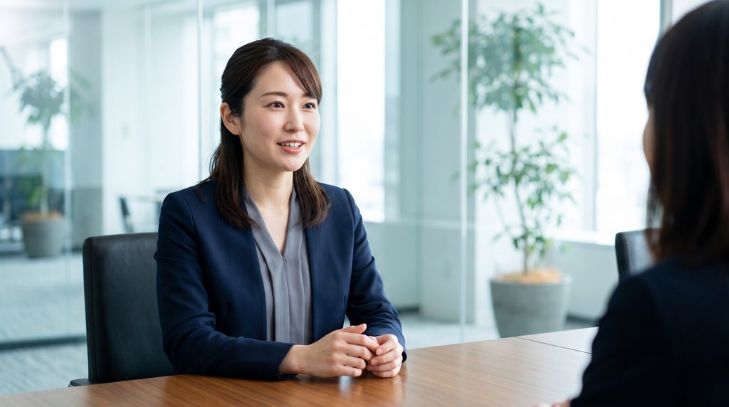 相談員と相談者が1対1で、テーブルをはさんで穏やかに話している場面。
