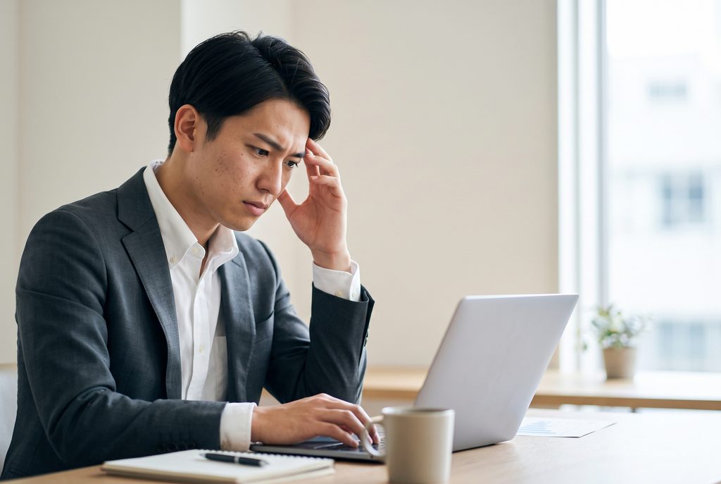 日本人の20〜30代の会社員が、オフィスのデスクでPC画面を前に手を止め、浮かない表情で考え込んでいる様子。