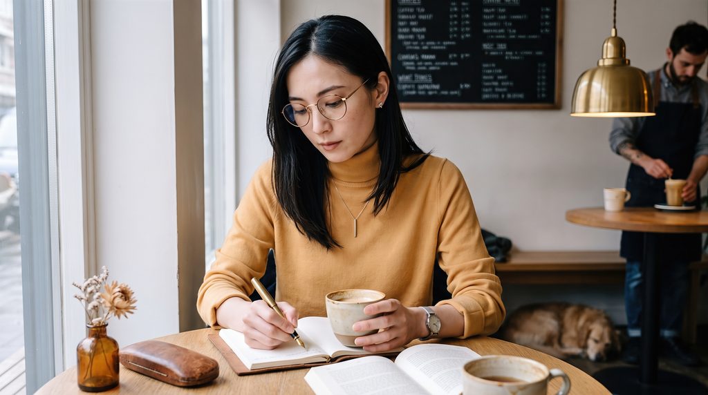 20〜30代の日本人がデスクやカフェのテーブルでノートにペンで考えを書き出している場面。